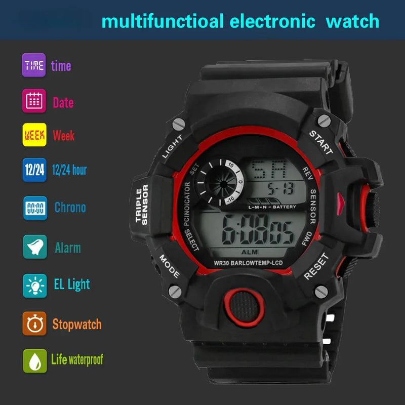 Watch Fashion Sports Electronic Wristwatch Large dial Multifunctional Waterproof Luminous Alarm Kids Male's Military Watch