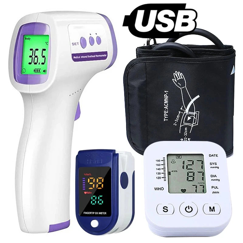 Blood Pressure Digital Arm Blood Pressure Meter Tensiometers Cuff Digital Fever Thermometer Medical Infrared Thermometer Finger Oximeter Suit