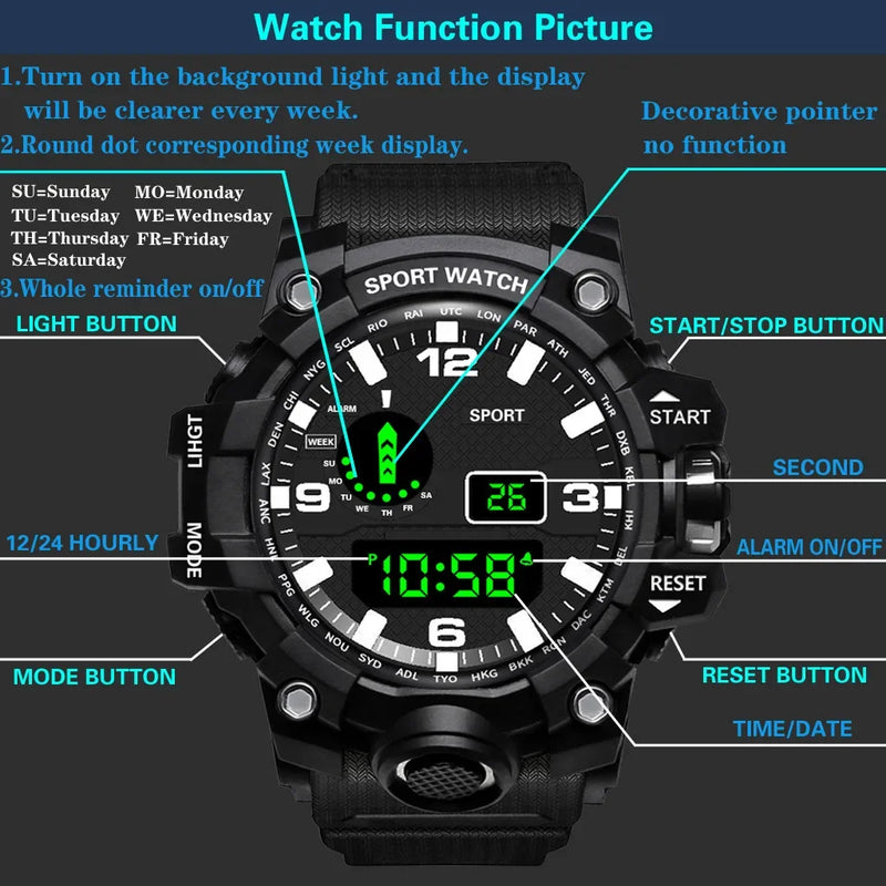 Watch LED Digital Men Sport Watches Fitness Electronic Watch Multifunction Military Sports Watches Clock Kids Gifts