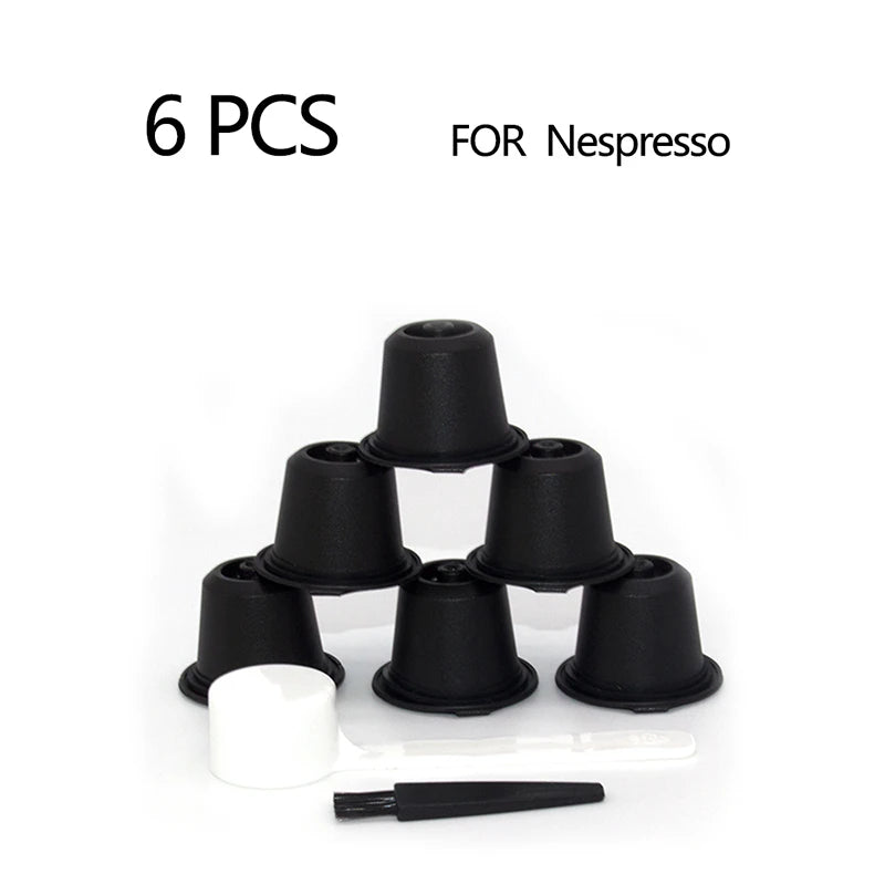 6PCS Refillable Reusable Nespresso Coffee Capsule Reutilisable Nespresso Pods with a Spoon a Brush